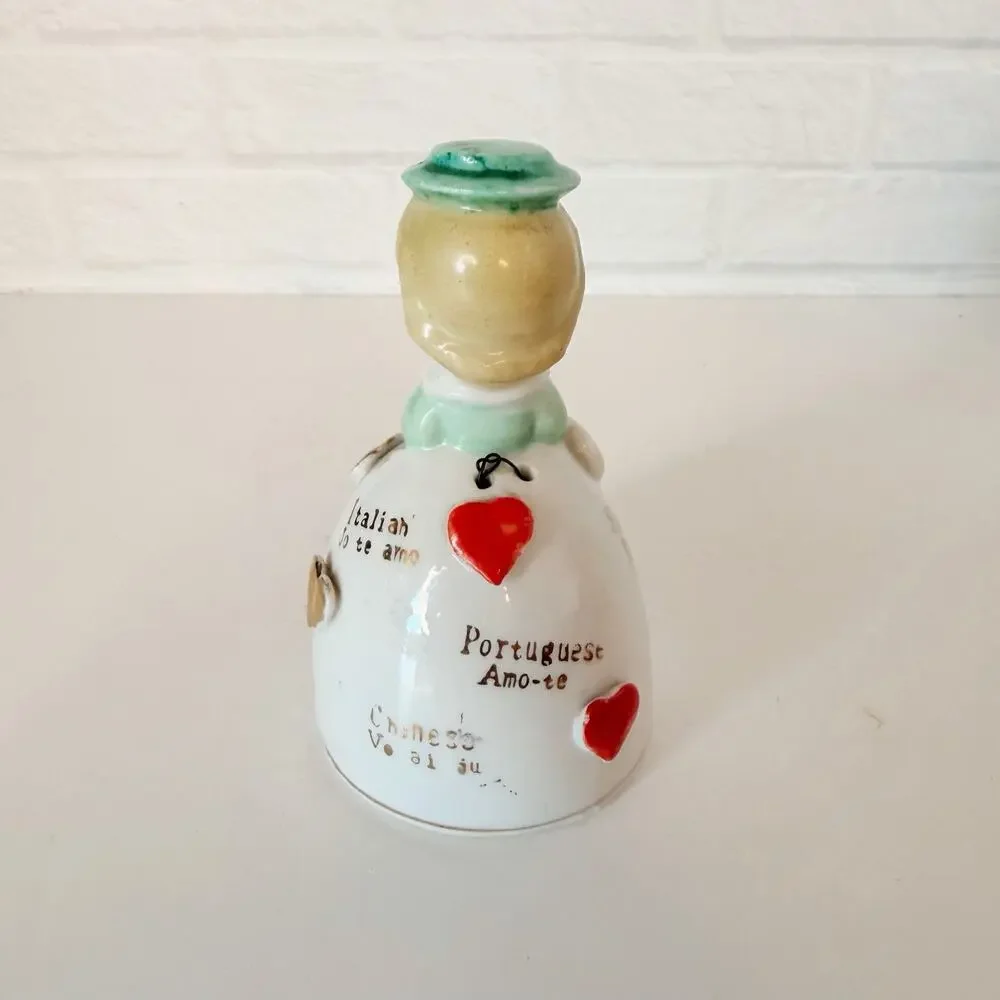 Vtg Girl Ceramic Bell W/ Hearts & I Love You In Different Languages Japan 3.5